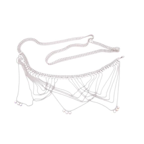 Ball Chain Belt Silver Tone Festoon AB Crystals Adjustable Rhinestones Waistband - Picture 6 of 9